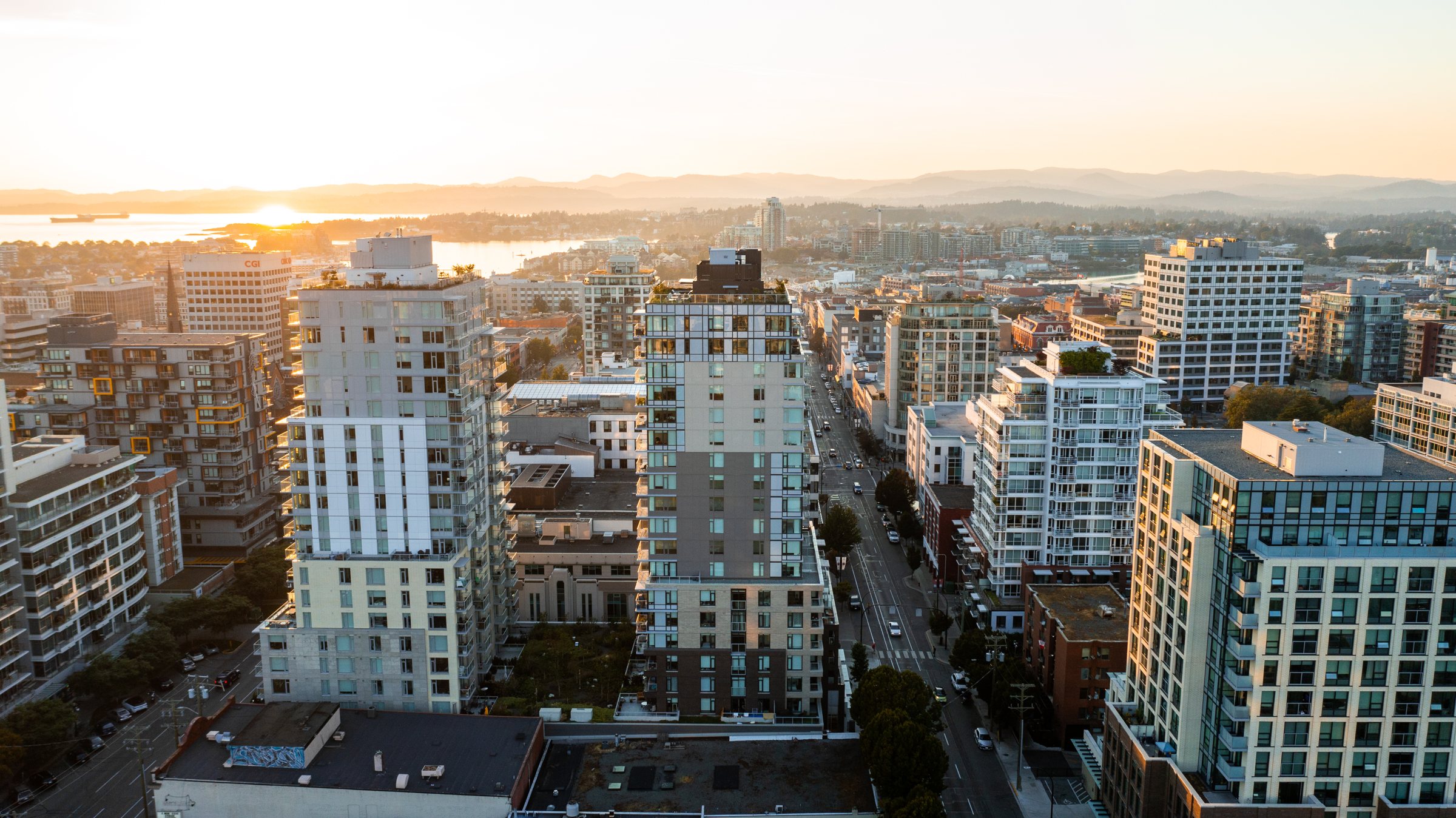 Aerial view of Vivid at the Yates, downtown Victoria